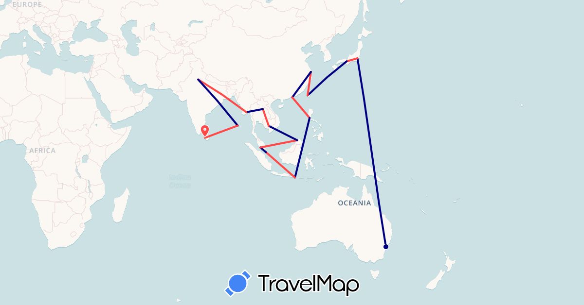 TravelMap itinerary: driving, hiking in Australia, China, Indonesia, India, Japan, Cambodia, Laos, Sri Lanka, Myanmar (Burma), Malaysia, Philippines, Singapore, Taiwan (Asia, Oceania)